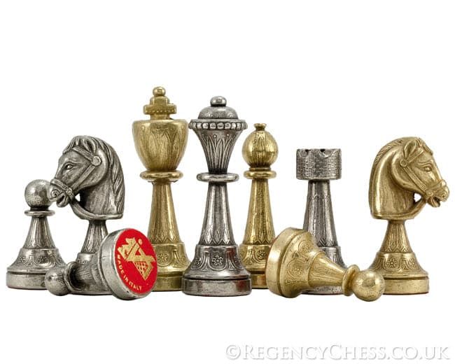 Finnesburg luxury chess set pieces in solid Brass and Nickel with detailed embossing, handcrafted by Italian artisans. Richly decorative chess pieces.