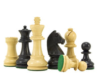 Down Head Black Championship Chess Set pieces including 3-inch king, German Knight chessmen, solid natural and ebonized boxwood, green felted bases.