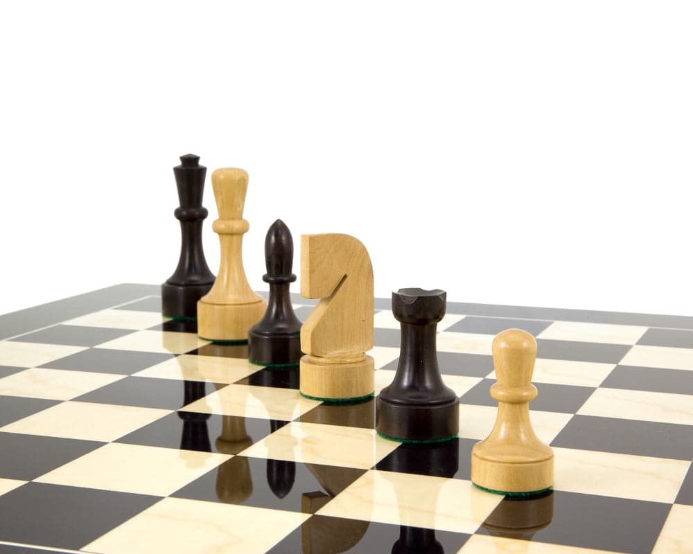 Contemporary Black Anegre and Maple luxury chess set with hand-finished boxwood chess pieces on high gloss lacquered board.