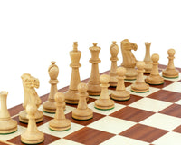 Blackmore Sheesham and Mahogany Chess Set with finely detailed wooden chess pieces on a high-quality mahogany and maple board.