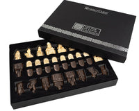 The Isle of Lewis chess pieces set with intricate designs in an elegant black case by The Regency Chess Company