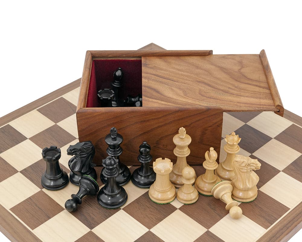 Competition Compact Walnut Chess Set with Staunton design pieces, 3 inch king, ebonised chessmen, and walnut and maple board displayed.