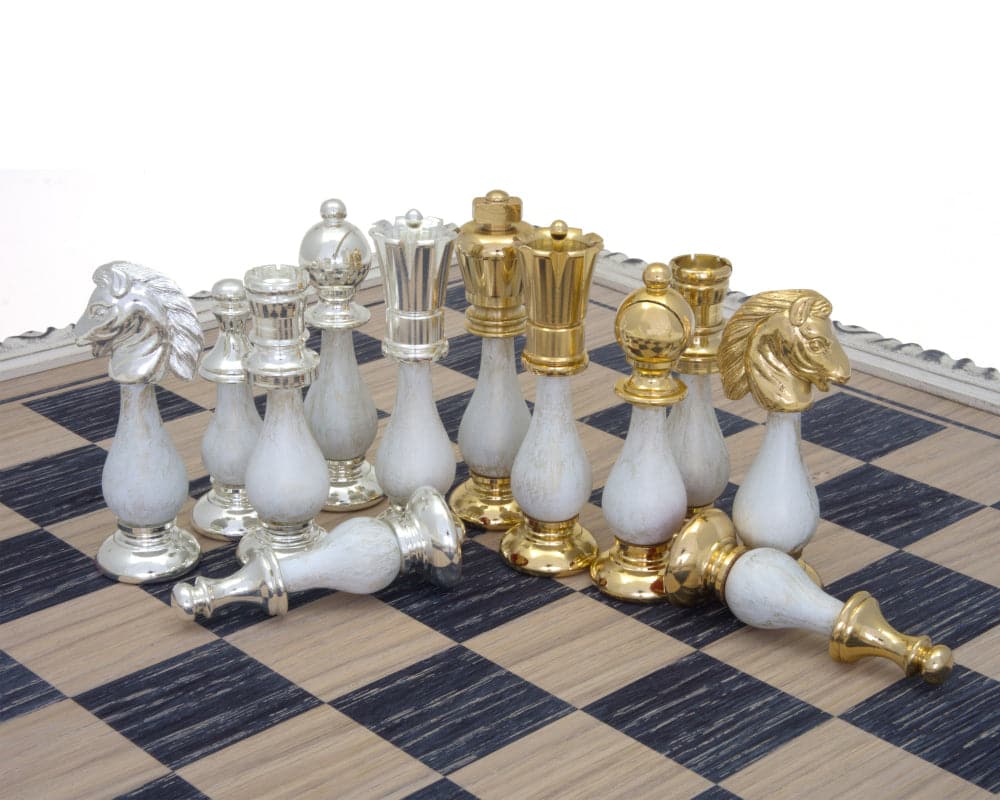 The San Severeo Chess Set with handcrafted silver and gold pieces on a checkered board, showcasing Italian craftsmanship.