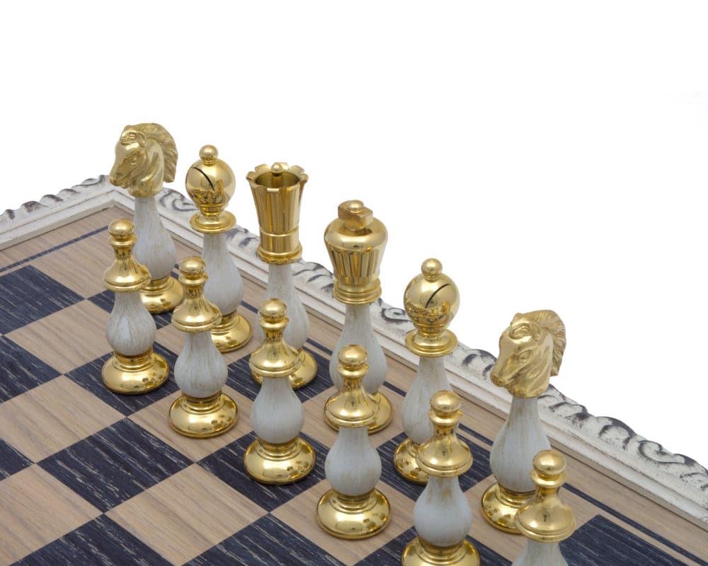 Luxurious San Severeo Chess Set with gold and white chess pieces on an oak chessboard.