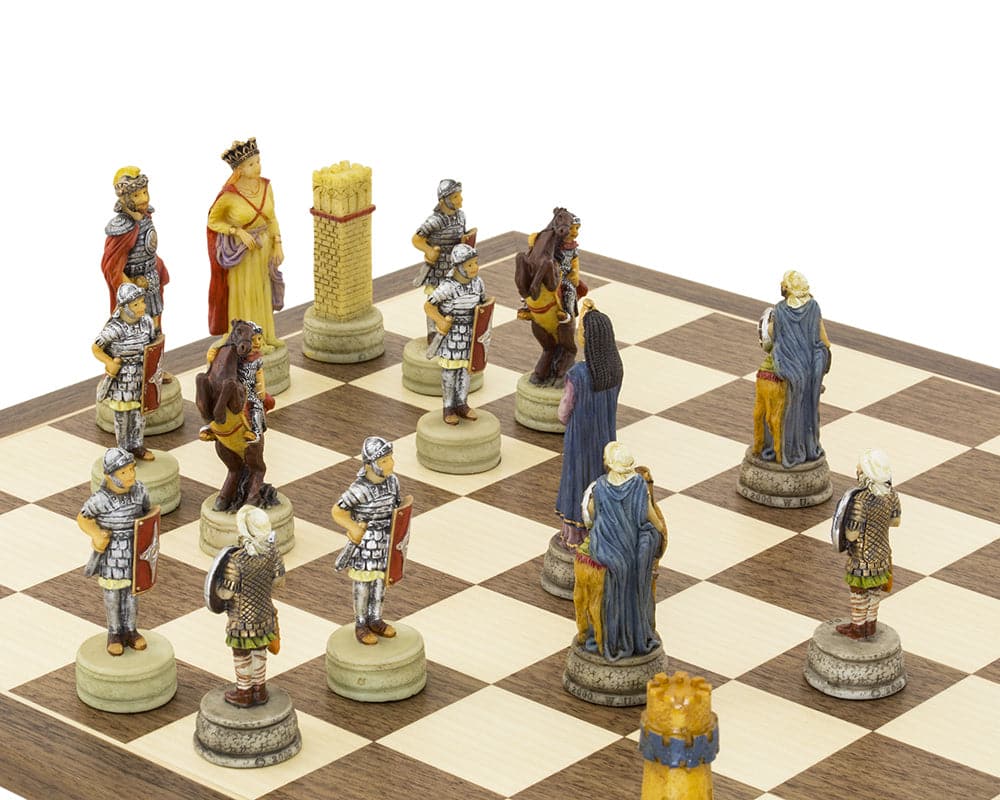 Hand Painted Romans vs Arabs Chess Set on 15.75 inch Spanish Board Featuring Exquisite Detail and Craftsmanship