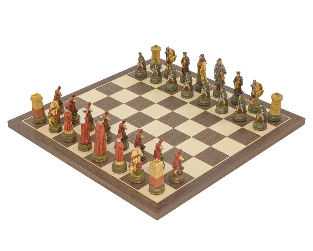 The Camelot Hand Painted Chess Set by Italfama - Unique themed chess set with finely detailed, hand-painted pieces on a classic chessboard