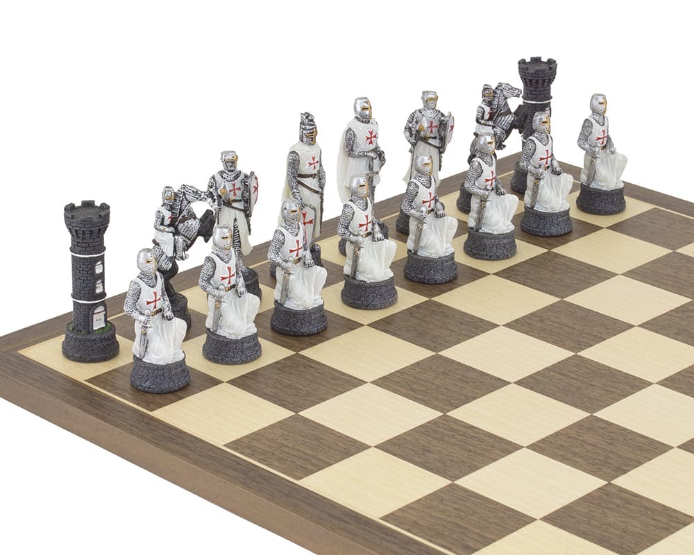 The Crusader Hand Painted Chess Set by Italfama on a Wooden Chessboard