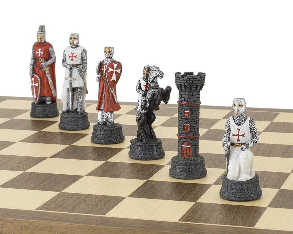 Hand Painted Crusader themed chess pieces by Italfama on a chess board