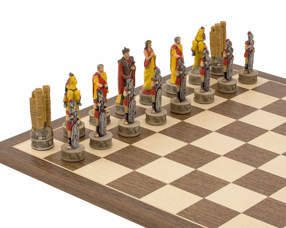 The Battle of Troy hand-painted chess set by Italfama featuring detailed chess pieces on a wooden board.