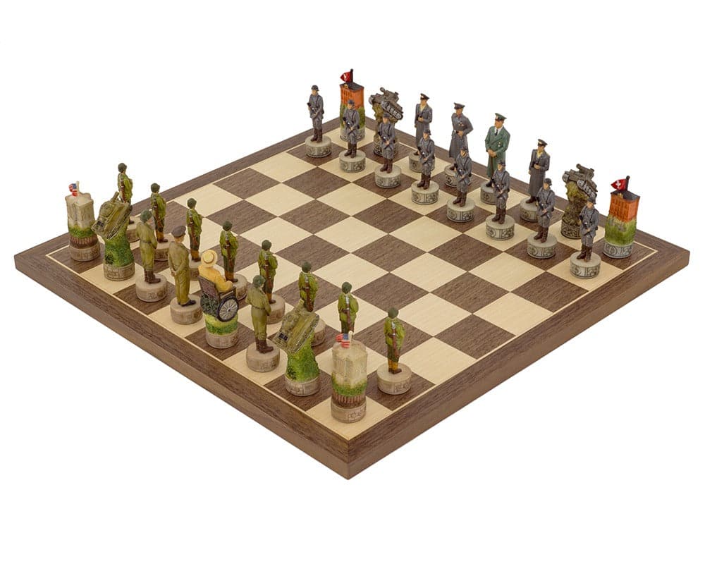 WWII Hitler vs Roosevelt hand painted chess set with ornate pieces on Spanish board