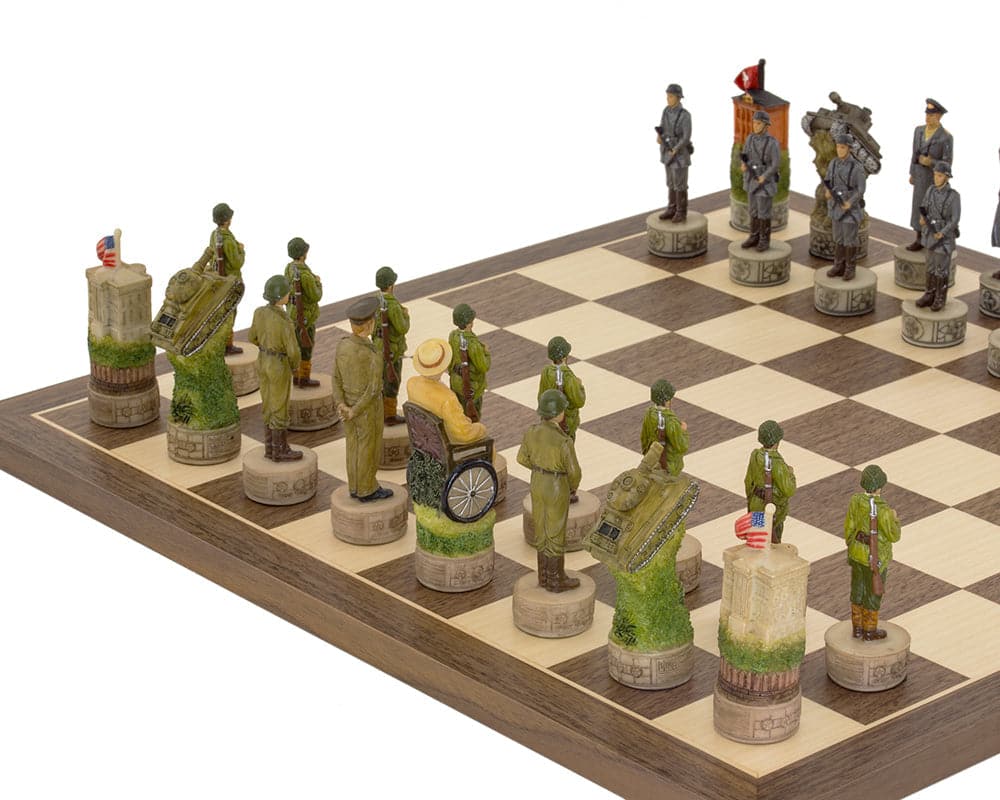 The Hitler Vs Roosevelt WWII Hand Painted Chess Set on Spanish Board with Exquisitely Detailed Pieces