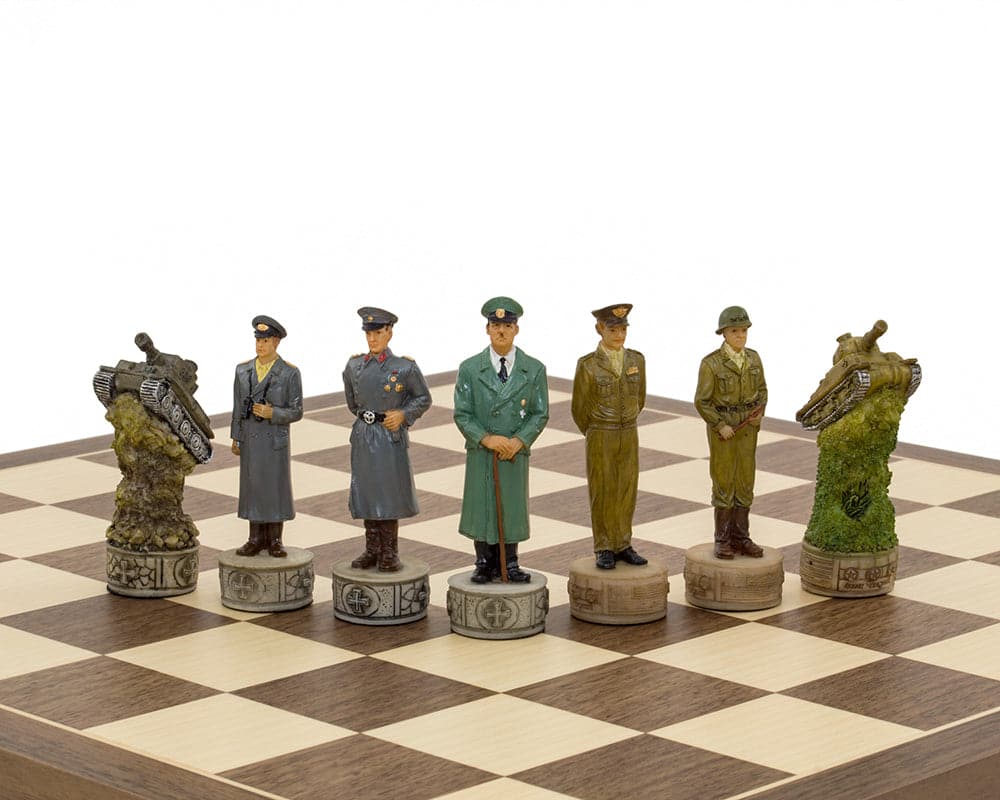 Hand-painted WWII Hitler chess pieces on a Spanish board