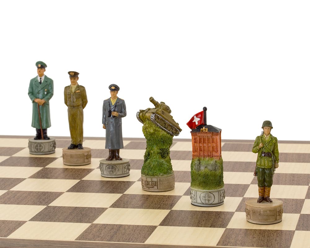 WWII hand-painted chess set featuring Hitler and Roosevelt on a Spanish board, intricately detailed pieces made in Italy.