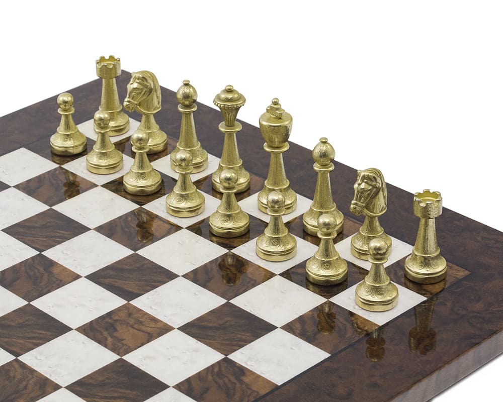 Luxurious Finnesburg and Dark Walnut Chess Set with Solid Brass and Nickel-Plated Chessmen on 17 Inch Briarwood Board