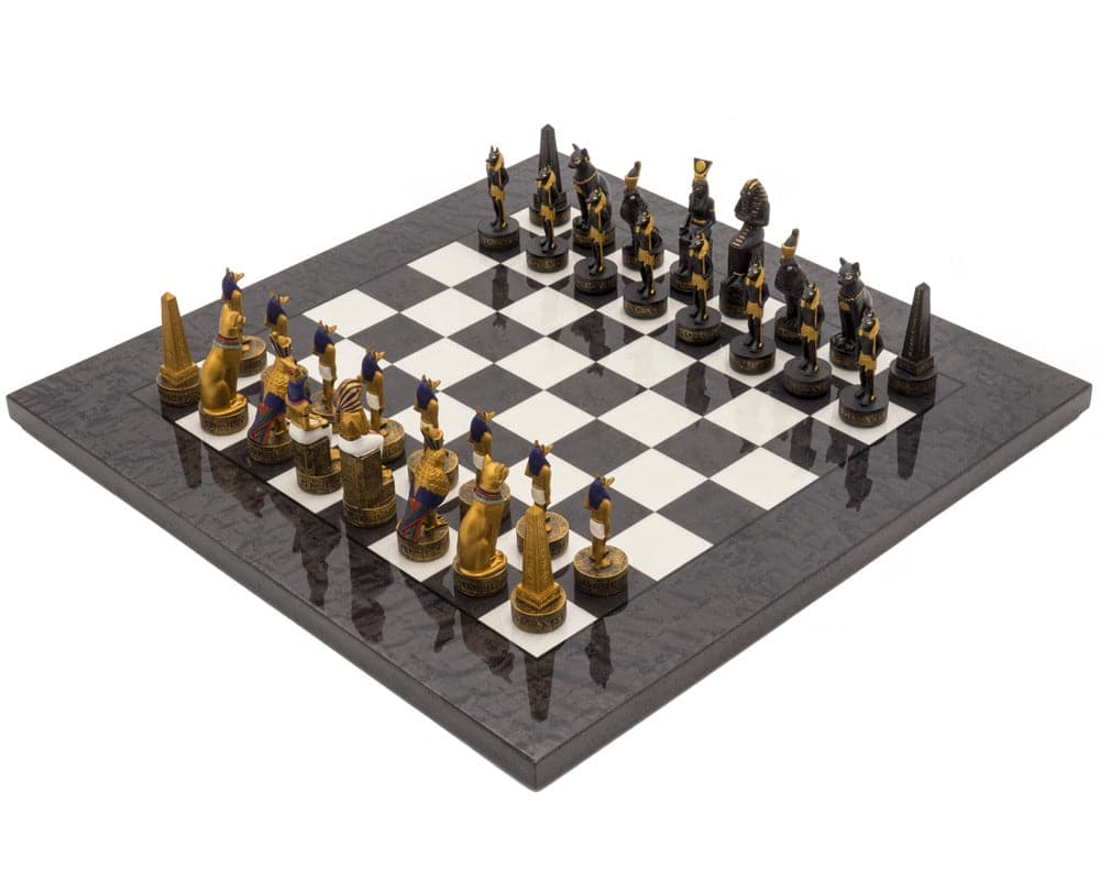 Ancient Egypt themed luxury charcoal chess set by Italfama on high gloss black and white board with beautifully crafted pieces.