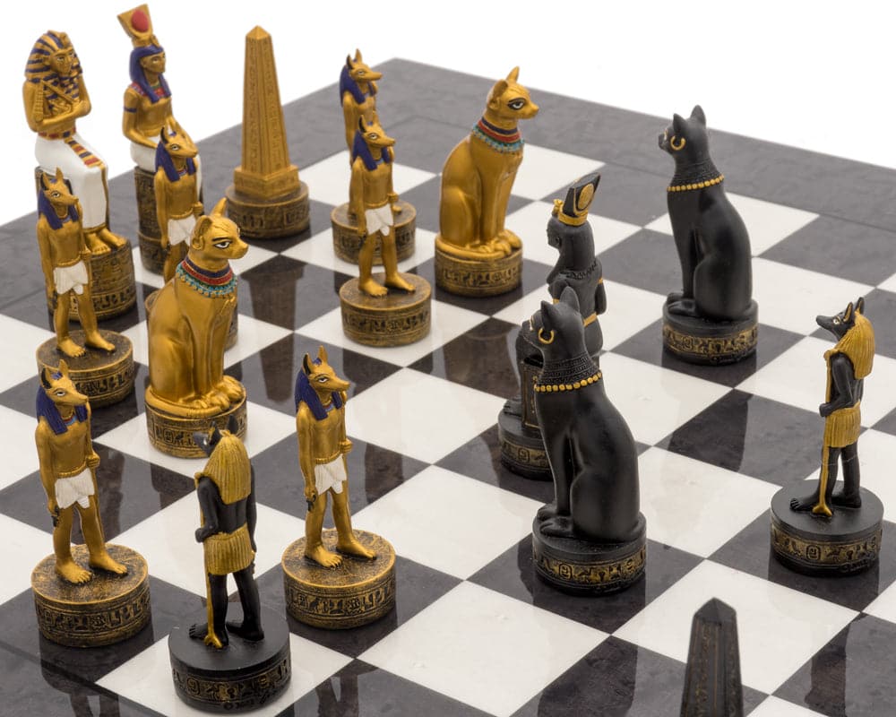 Ancient Egypt hand-painted themed luxury charcoal chess set with anjan wood pieces on a high gloss board featuring Egyptian figurines.