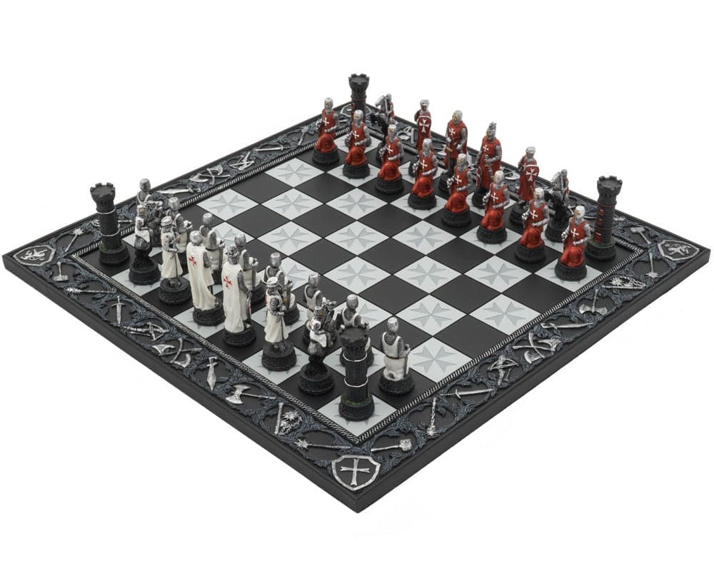 Hand-painted Knights Templar Crusade chess set with intricately detailed resin pieces and board.