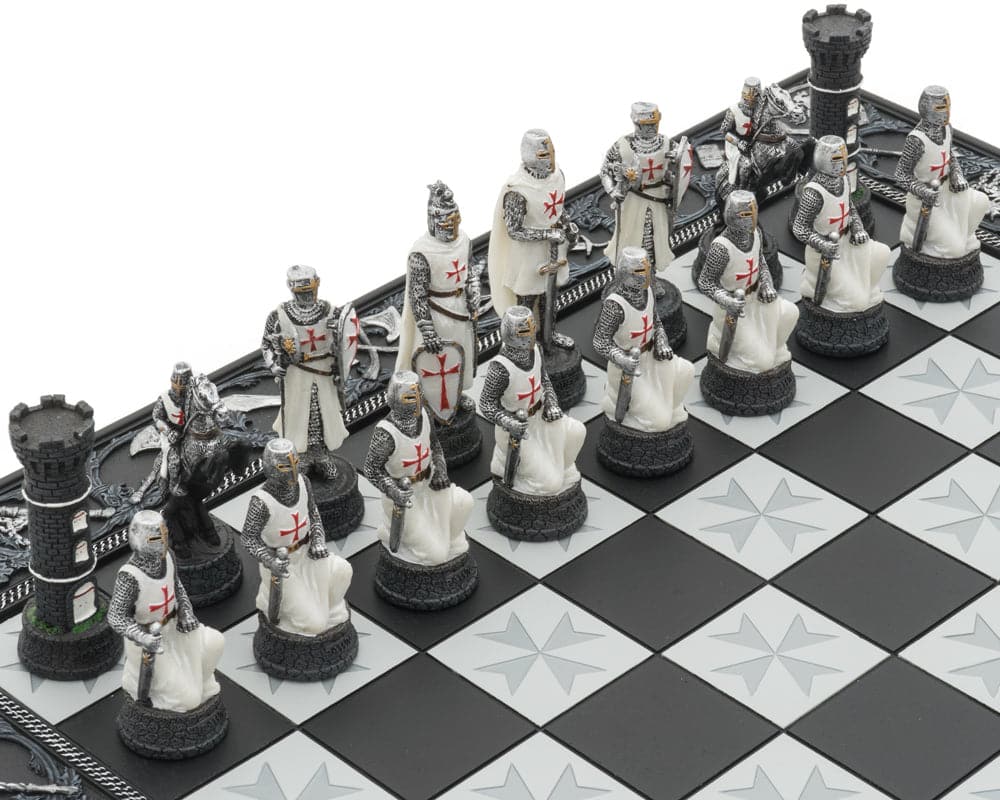 Hand-painted Knights Templar chess set depicting Crusades theme with intricately detailed pieces on a sculpted resin board