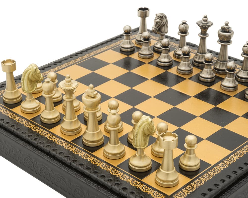 The Turin Nero Italian Chess Set on a beautifully crafted board with brass and nickel-plated Staunton design pieces ready for play.