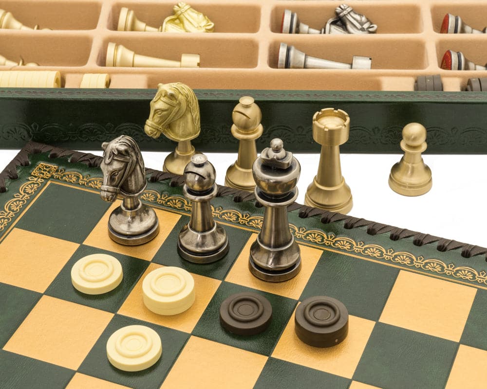 Handcrafted Turin Verde Italian chess set with detailed ebony chess pieces on a 23.6 inch board, featuring backgammon dice and draughts.