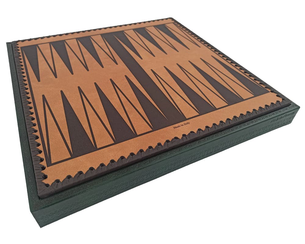 The Turin Verde Italian Backgammon Board with detailed pattern and green wood finish.