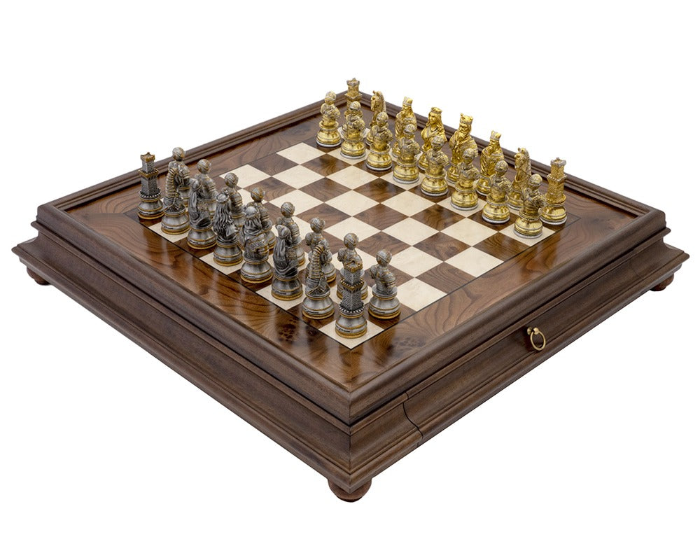 The Medieval Pewter and Briarwood Luxury Chess Cabinet Set