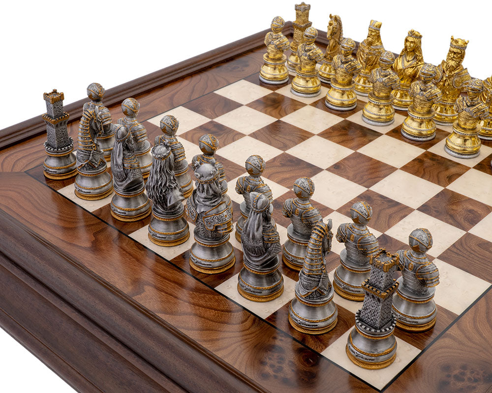 The Medieval Pewter and Briarwood Luxury Chess Cabinet Set