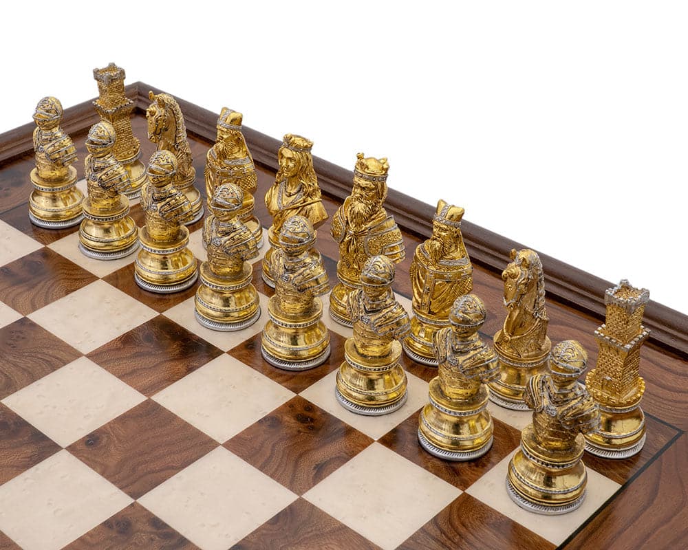 Luxury Medieval Pewter and Briarwood Chess Cabinet Set with Detailed Gold and Silver Chess Pieces