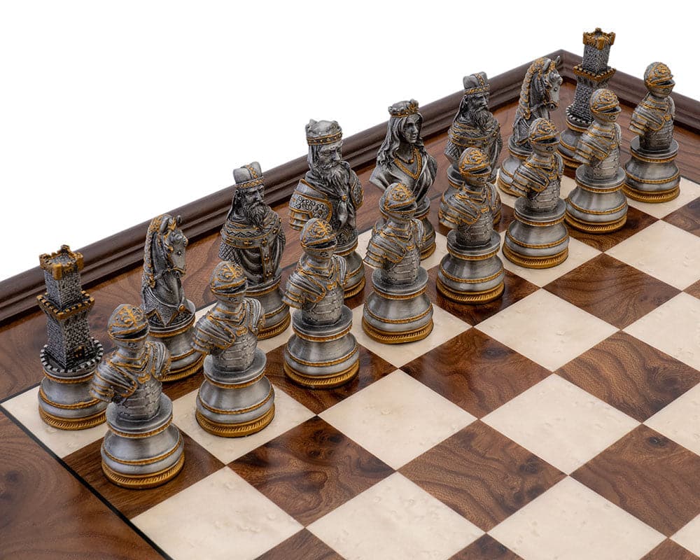 Medieval Pewter and Briarwood Luxury Chess Cabinet Set with Detailed Pewter Chess Pieces on Wooden Chessboard