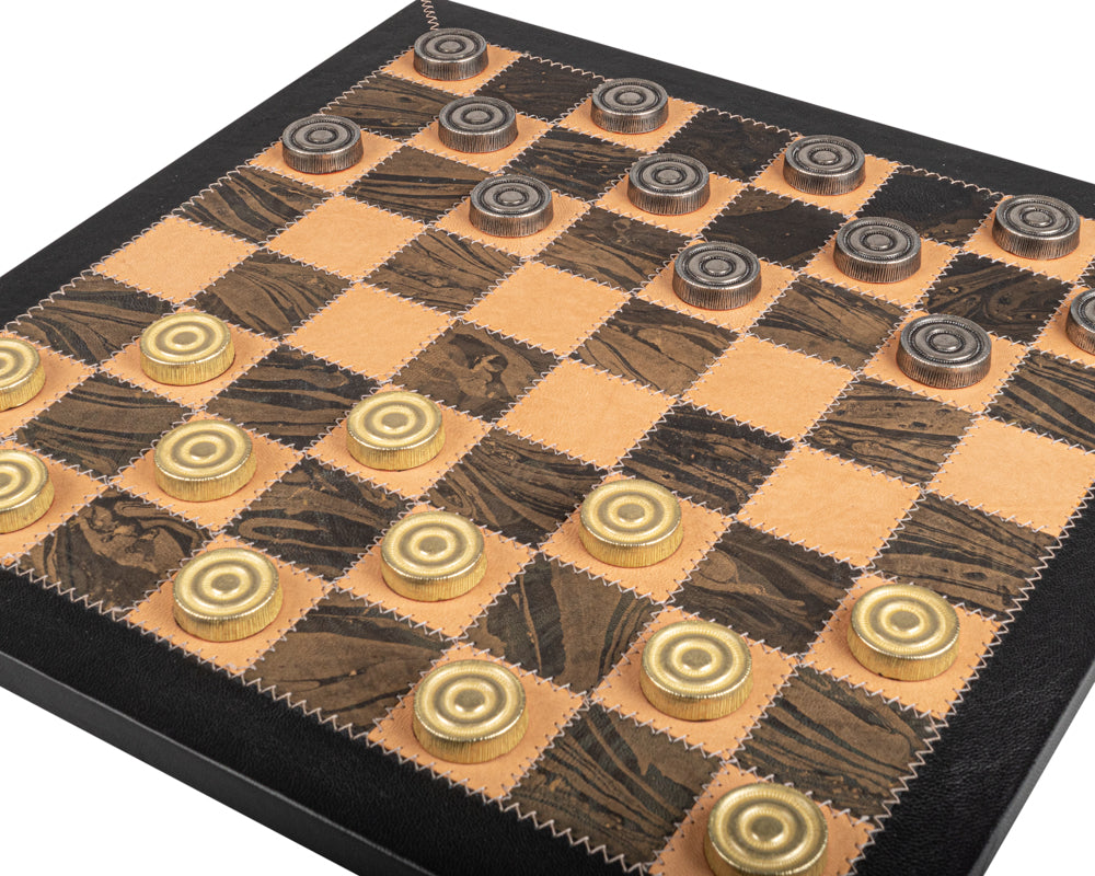 The Italfama Leather and Metal Luxury Draughts Set with Wooden Cabinet