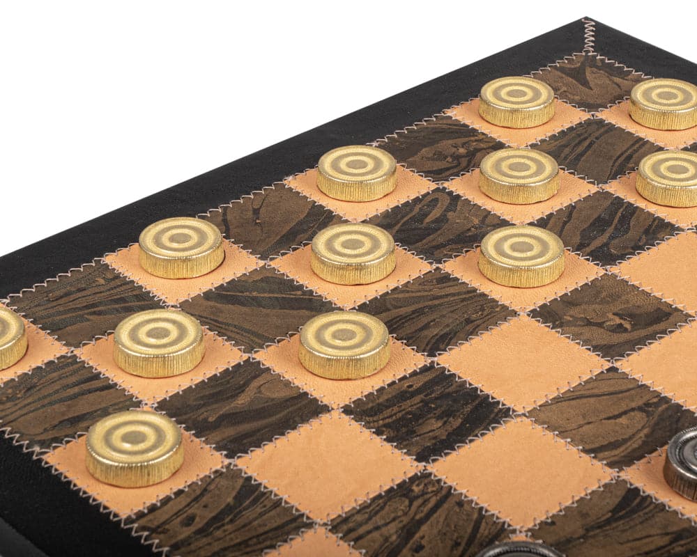 Italfama Leather and Metal Luxury Draughts Set with Wooden Cabinet - Crafted in Italy, high quality, close-up of game pieces