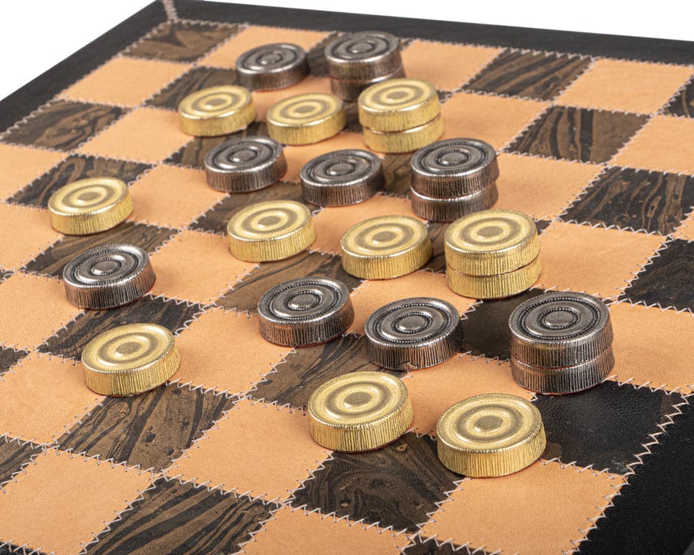 Italfama leather and metal luxury draughts set on wooden cabinet crafted in Italy with high-quality design.