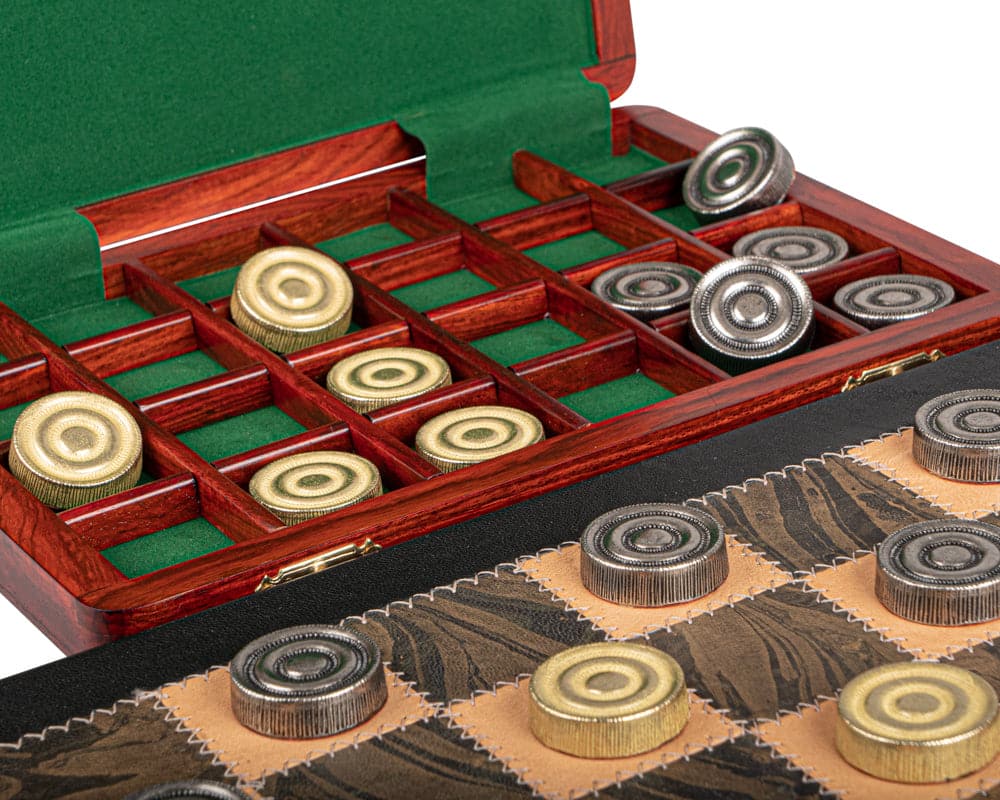 The Italfama Leather and Metal Luxury Draughts Set with Wooden Cabinet showing high-quality game pieces and elegant storage.