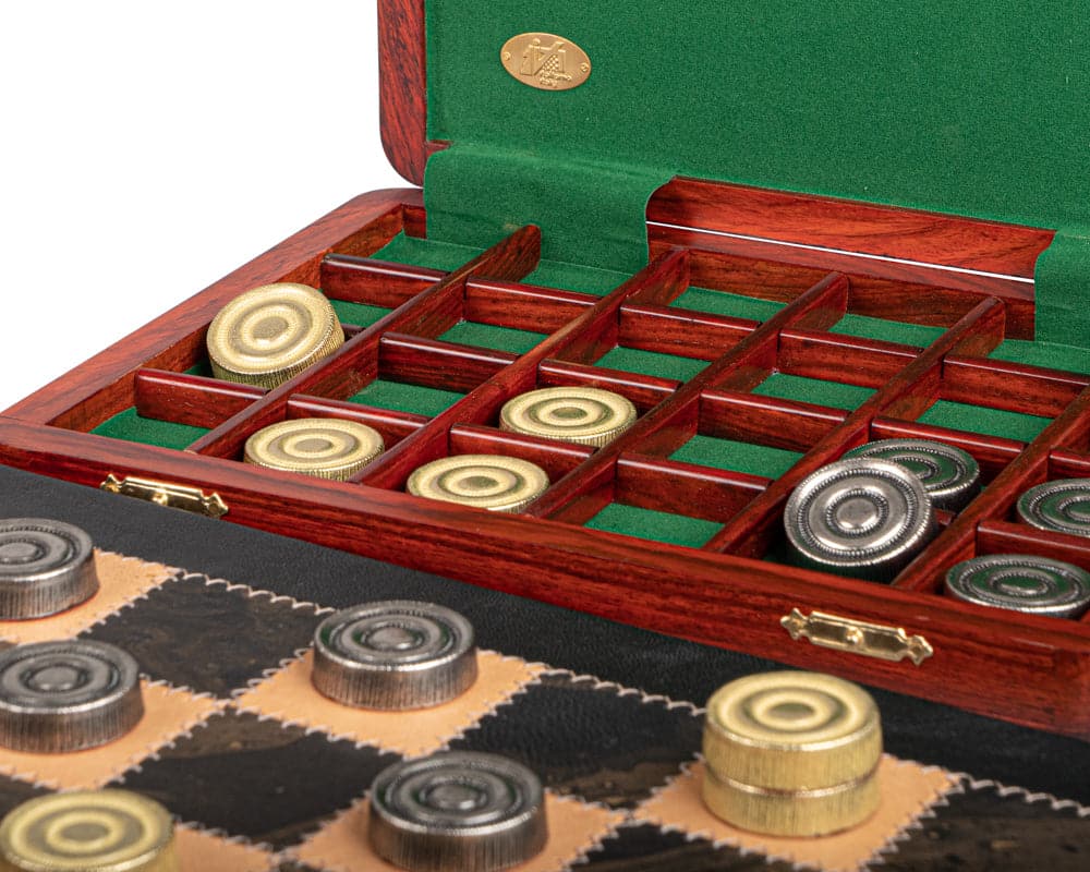 Italfama leather and metal luxury draughts set with wooden cabinet crafted in Italy