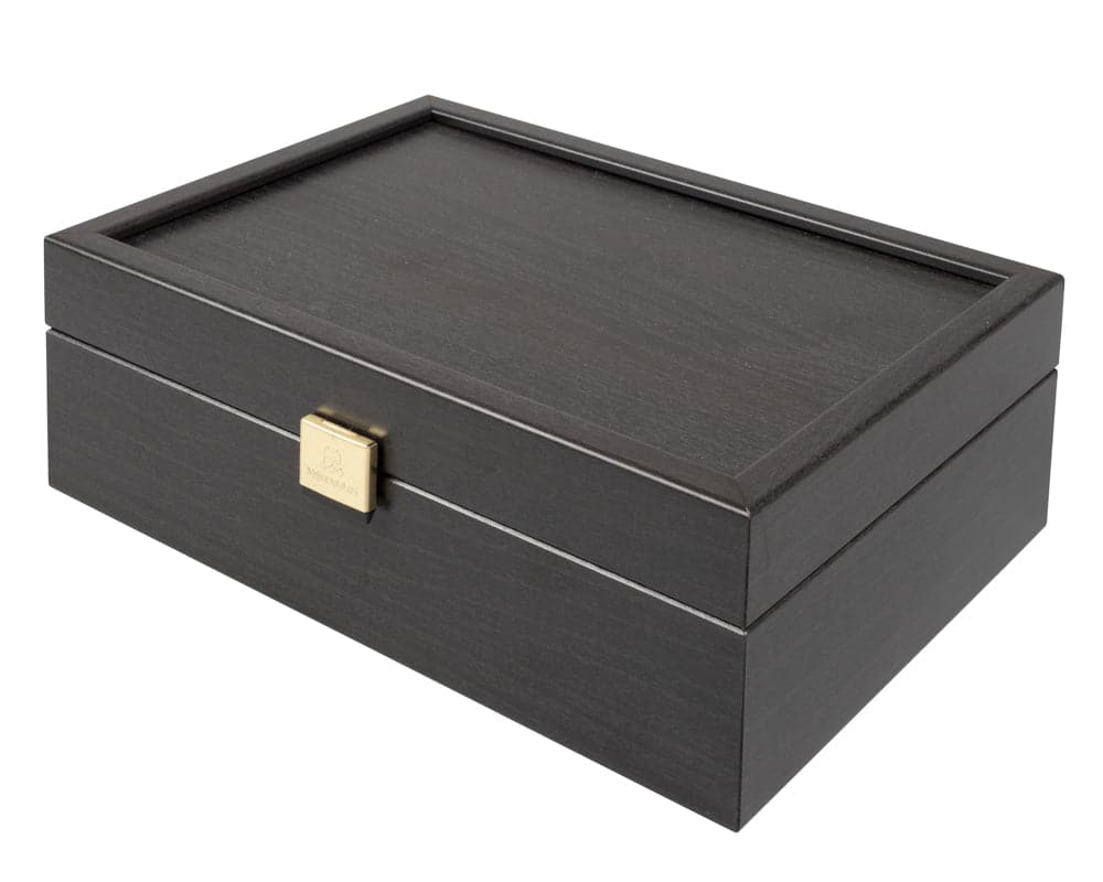 Black storage box for The Art Deco Black Chess Set with a gold clasp.