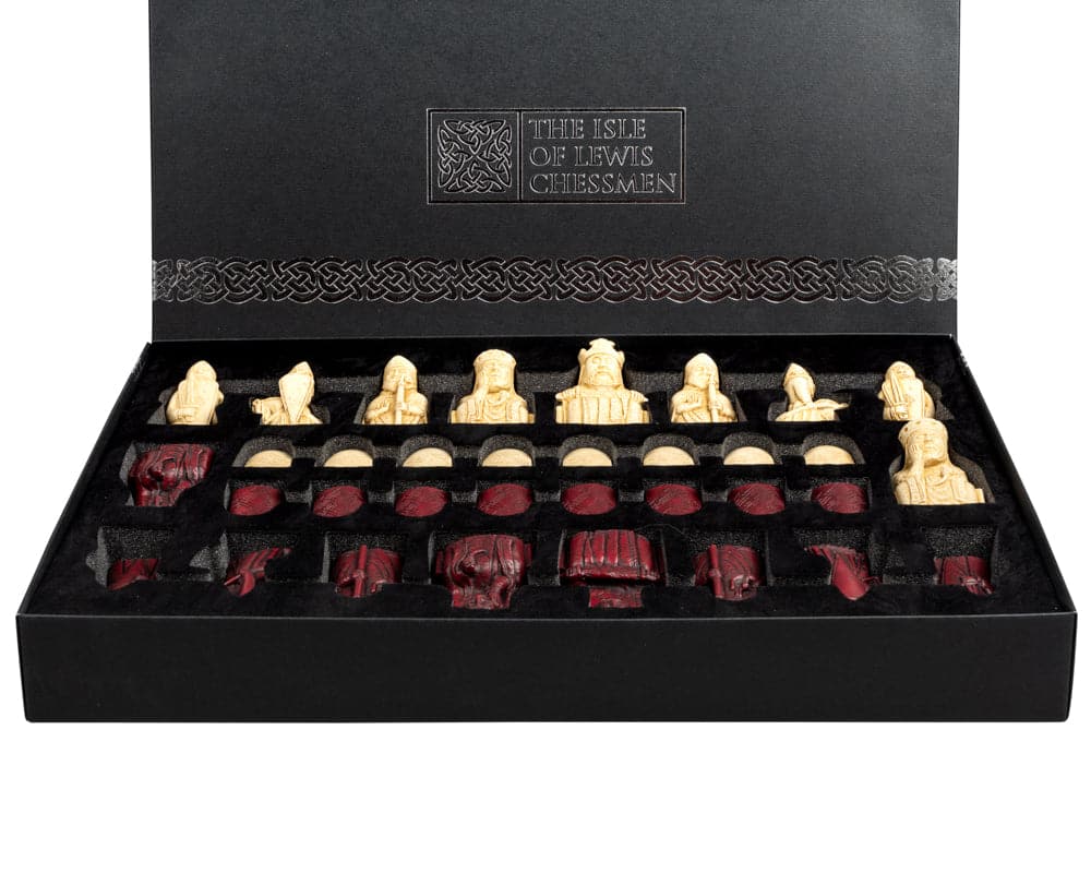 Isle of Lewis black and red chess set in gift packaging with 3.25 inch king and additional queens, superb quality, crafted in England