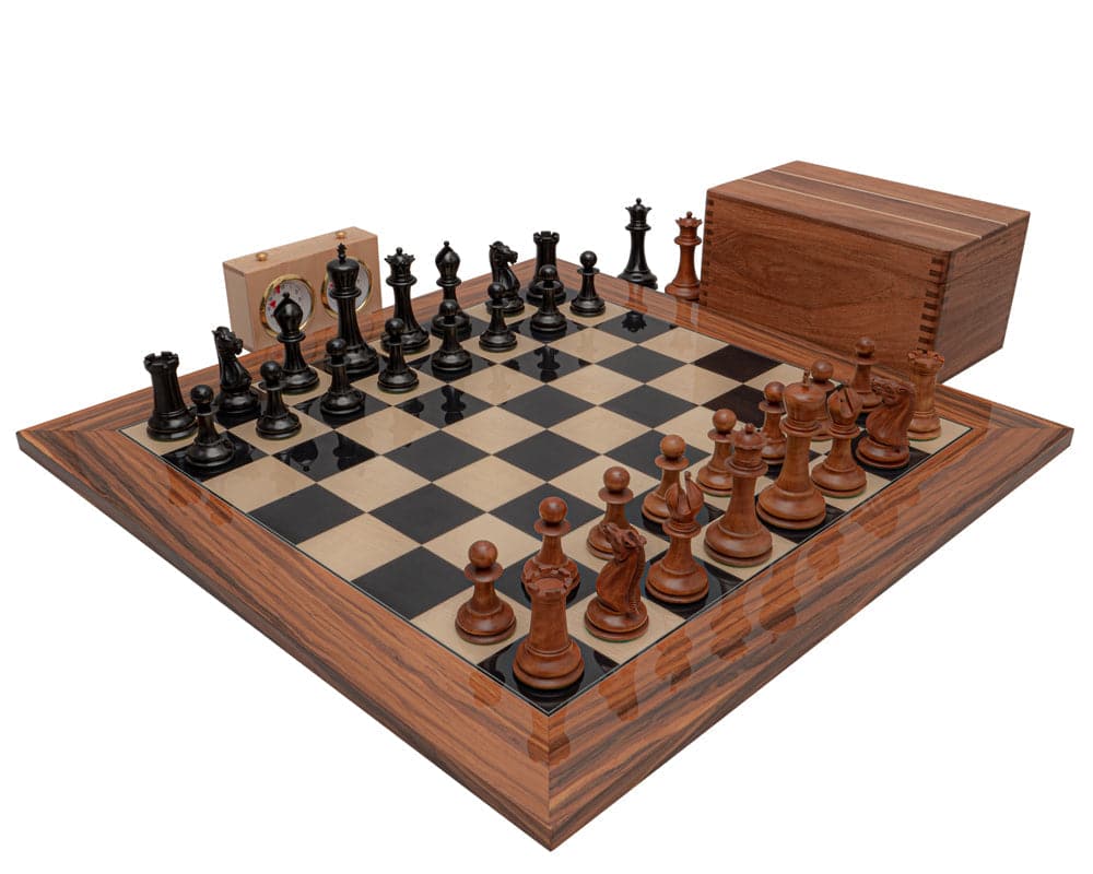 1849 Reproduction Staunton Ebony and Antiqued Chess Set on Palisander Board with Wooden Box and Clock