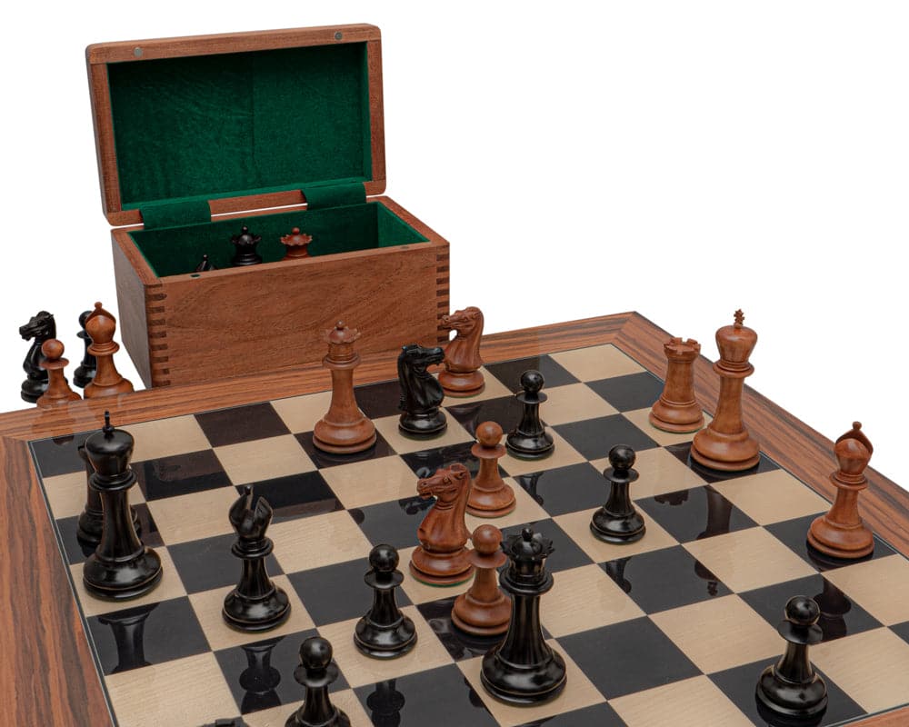 Luxurious 1849 Reproduction Staunton chess set on 23.6 inch Spanish board, with handcrafted wooden box and clock.