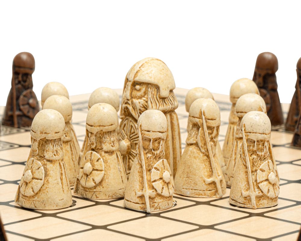 Hnefatafl Viking Game Deluxe Edition pieces on finely inlaid 15.75 inch board showing detailed warrior figurines.