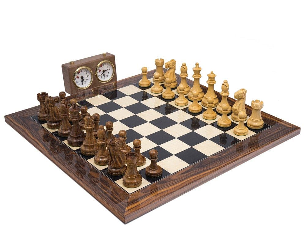 The Broadbase Teak and Palisander Chess Set with Clock