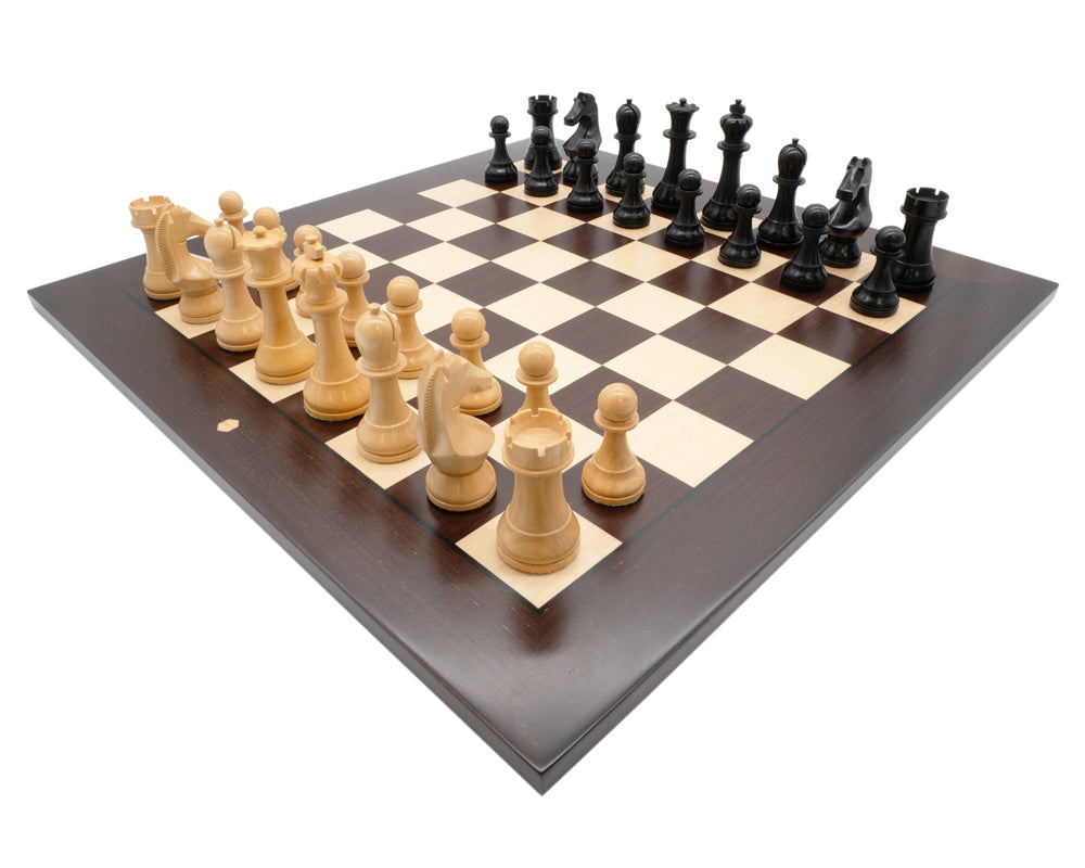 The World Championship Chess Set - Wenge Edition, with black and white pieces on a brown and white board, set for play.