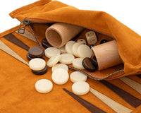 The Manopoulos Suede Roll-Up Travel Backgammon Set - Cinnamon