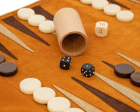 The Manopoulos Suede Roll-Up Travel Backgammon Set - Cinnamon