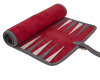 The Manopoulos Suede Roll-Up Travel Backgammon Set - Burgundy