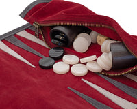The Manopoulos Suede Roll-Up Travel Backgammon Set - Burgundy