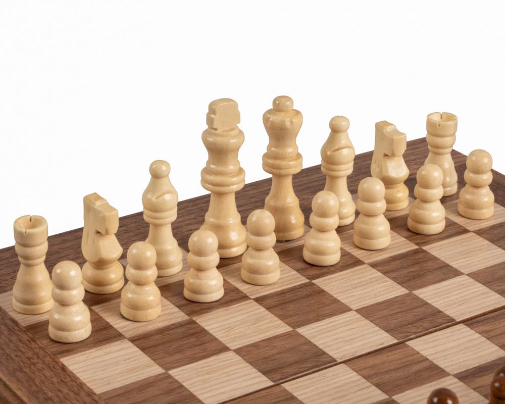 American walnut backgammon and chess combination set with deluxe Philos cups, close-up of chess pieces on wooden board.