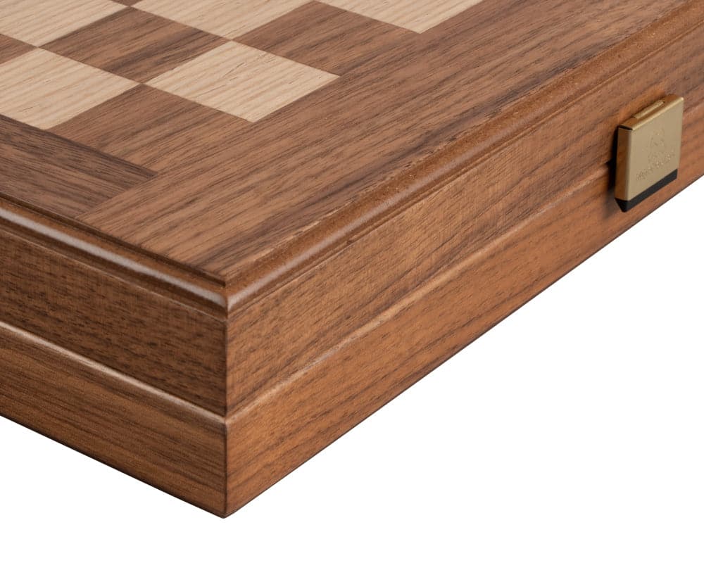 Close-up of American Walnut Backgammon and Chess Combination Set in travel size with deluxe Philos cups.