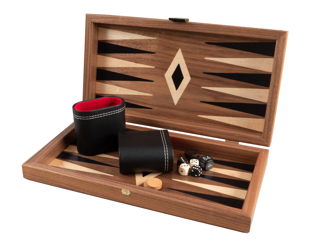 American Walnut Backgammon and Chess Combination Set - Travel Size - with Deluxe Philos Cups