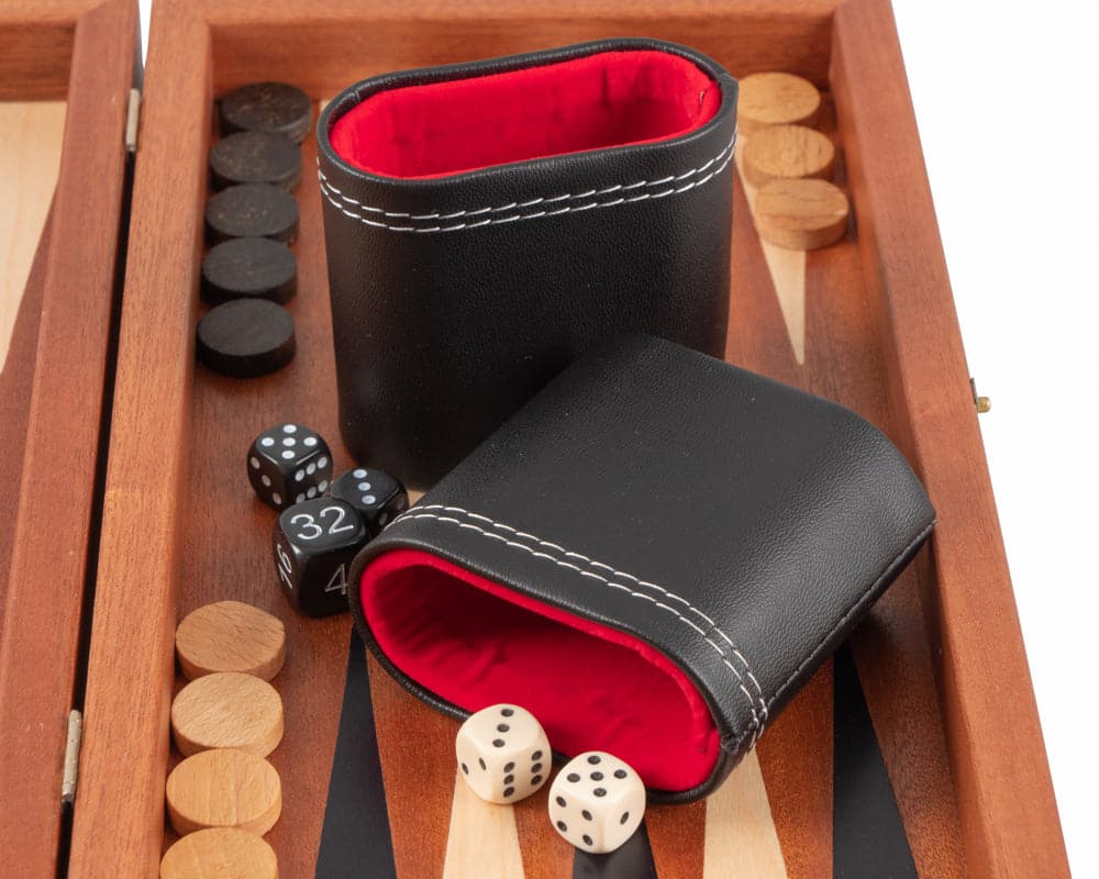 Mahogany combination backgammon and chess set with deluxe Philos cups, dice, and game pieces - travel size.