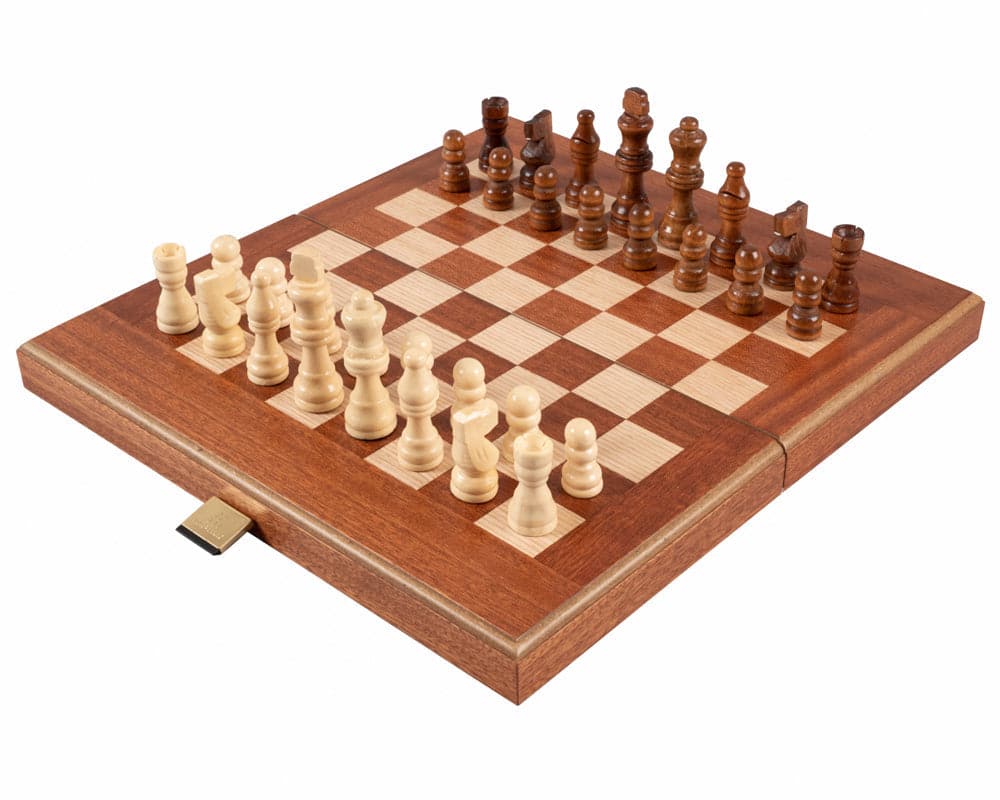 Mahogany Combination Backgammon and Chess Set - Travel Size with deluxe Philos cups, chess board setup for a game.